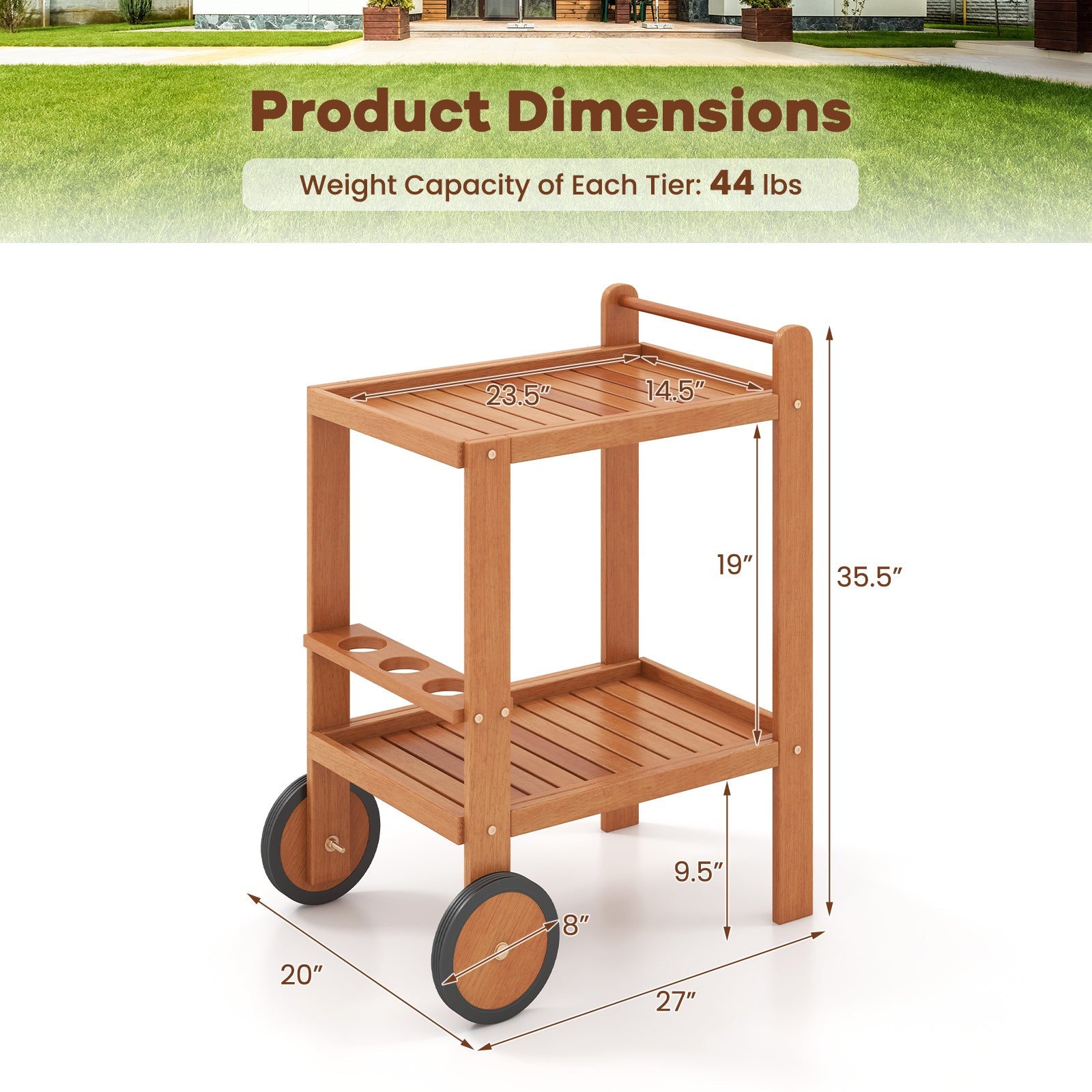 2 Tier Rolling Serving Cart with Wine Bottle Holders and 2 Rubber Wheels